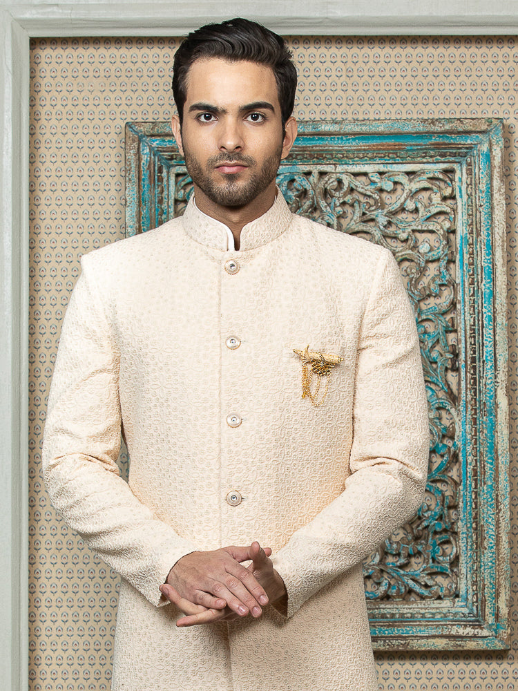 Peach Sherwani Set with Printed Long Jacket