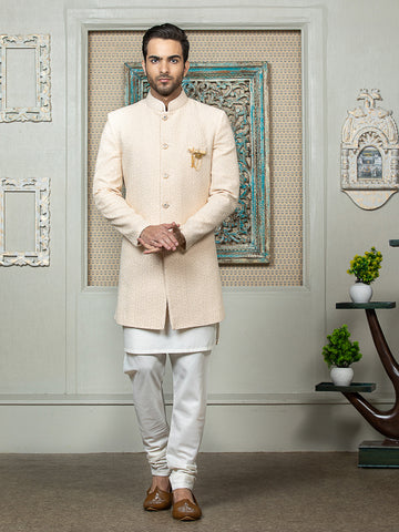 Peach Sherwani Set with Printed Long Jacket