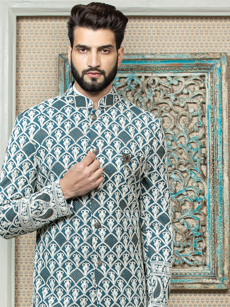 Green Sherwani Set with Printed Long Jacket