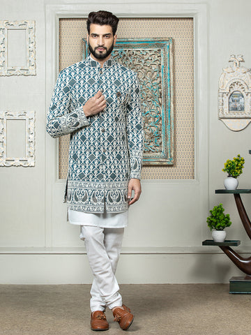 Green Sherwani Set with Printed Long Jacket