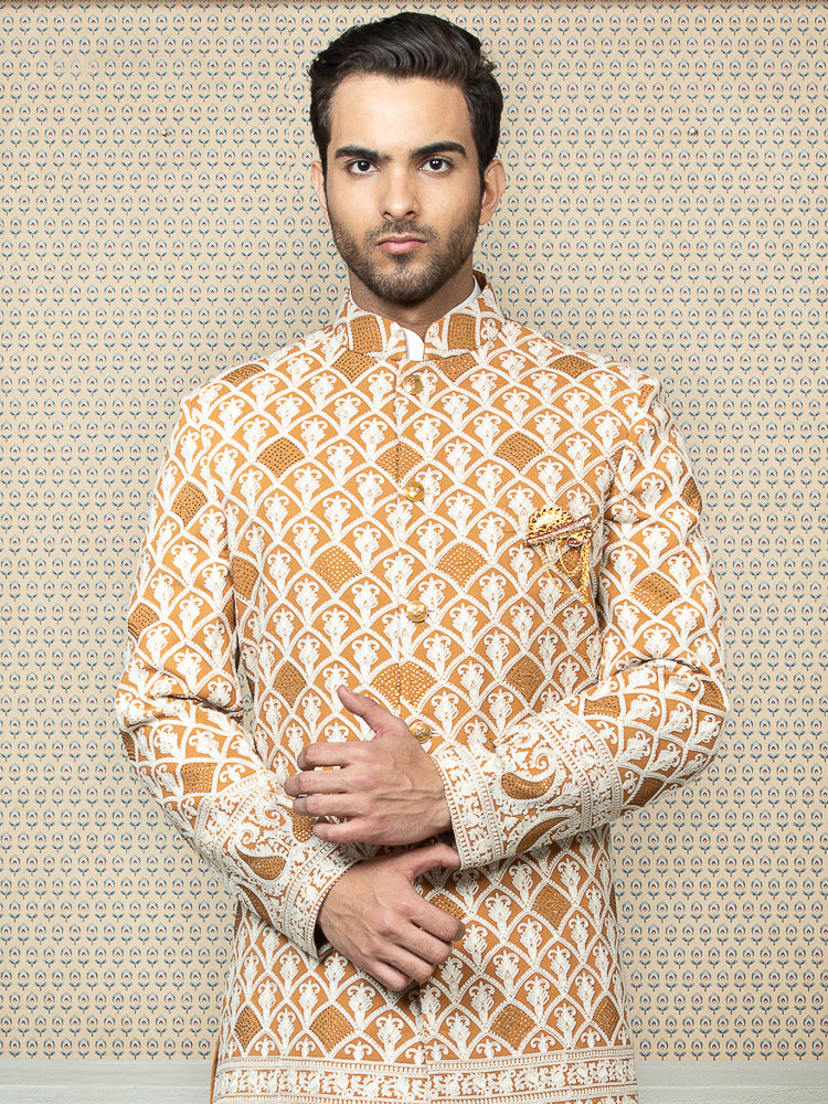 Mustard Sherwani Set with Printed Long Jacket