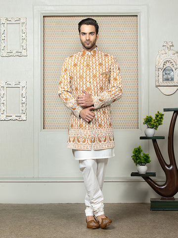 Mustard Sherwani Set with Printed Long Jacket