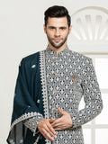 Dark Green Embroidered Sherwani Set with Dupatta