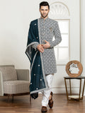 Dark Green Embroidered Sherwani Set with Dupatta