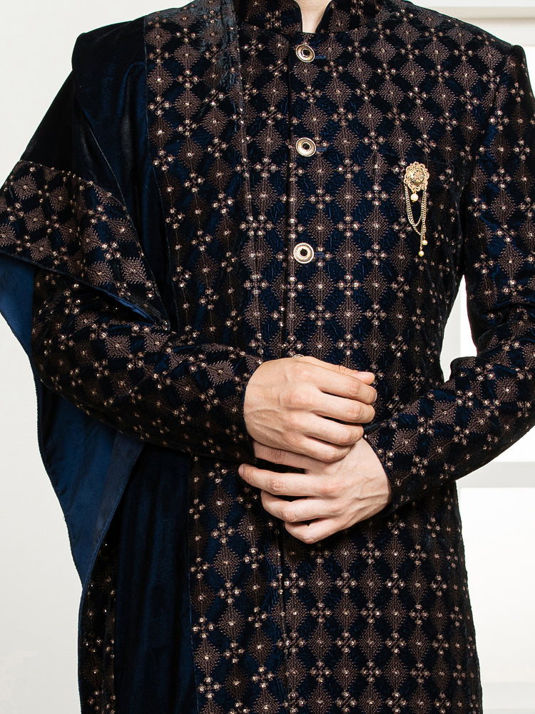 Brown Velvet Embroidered Sherwani Set with Dupatta