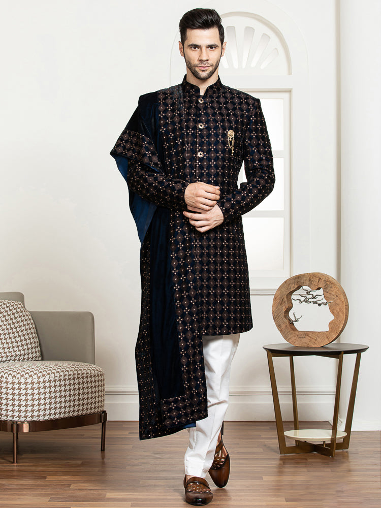 Brown Velvet Embroidered Sherwani Set with Dupatta