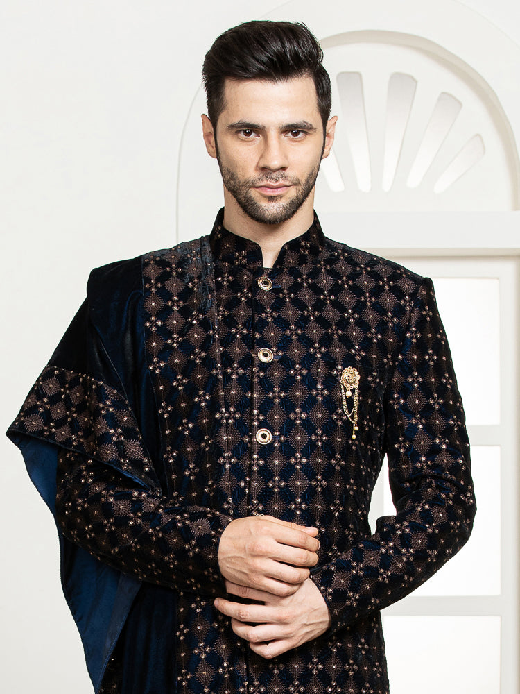 Brown Velvet Embroidered Sherwani Set with Dupatta