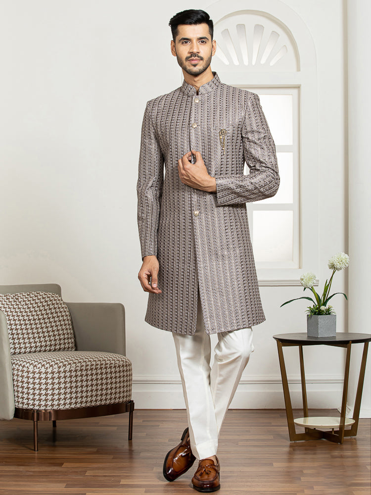 Grey Embroidered Sherwani Set