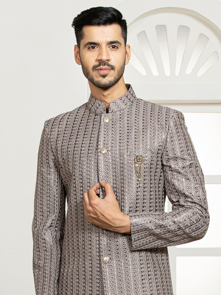 Grey Embroidered Sherwani Set