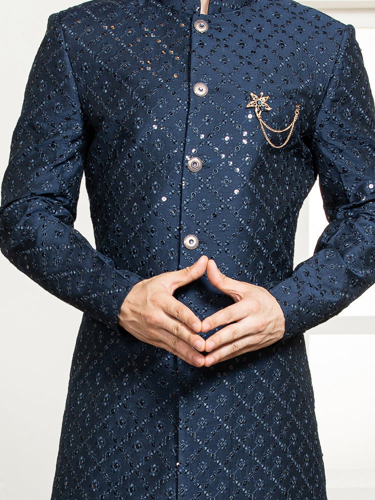 Blue Embroidered Sherwani Set