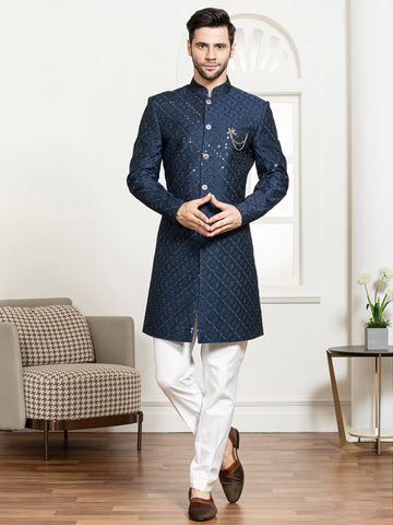 Blue Embroidered Sherwani Set