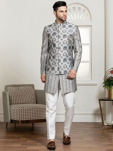 Grey Embroidered Nehru Jacket Set