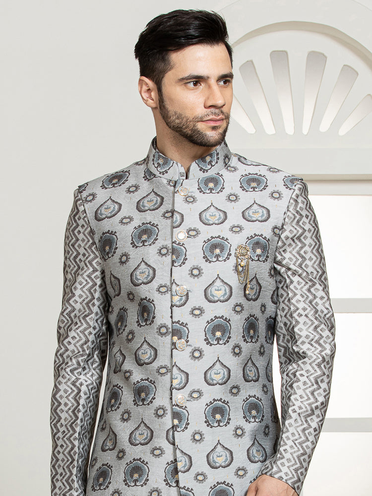 Grey Embroidered Nehru Jacket Set