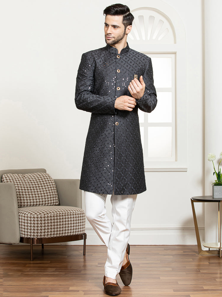 Dark Grey Embroidered Sherwani Set