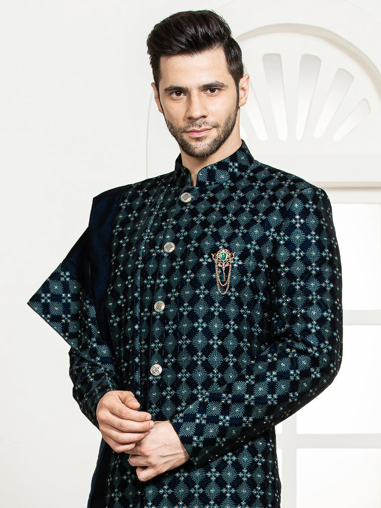 Ferozi Velvet Embroidered Sherwani Set with Dupatta