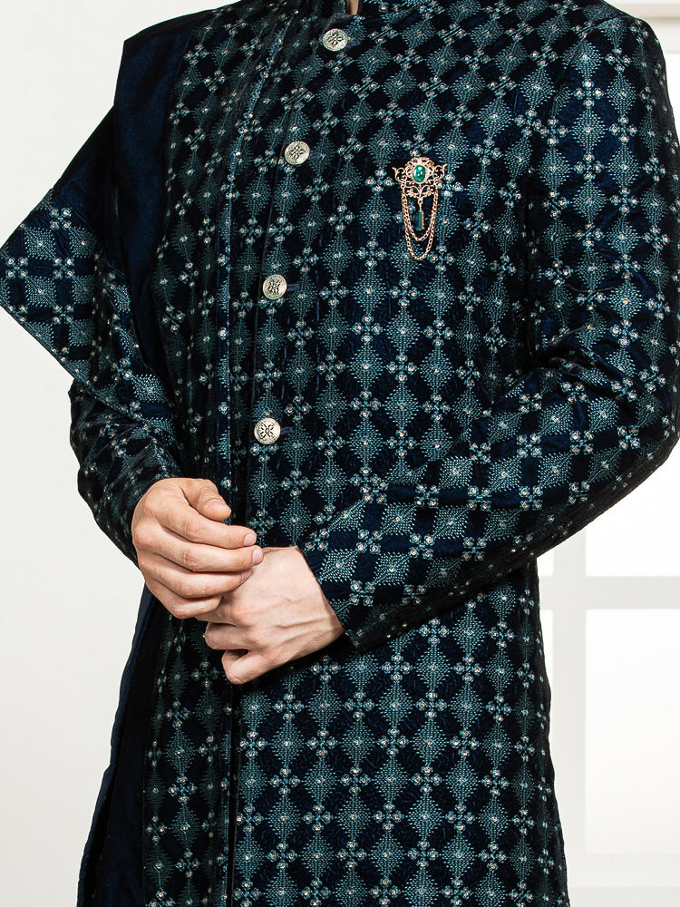 Ferozi Velvet Embroidered Sherwani Set with Dupatta