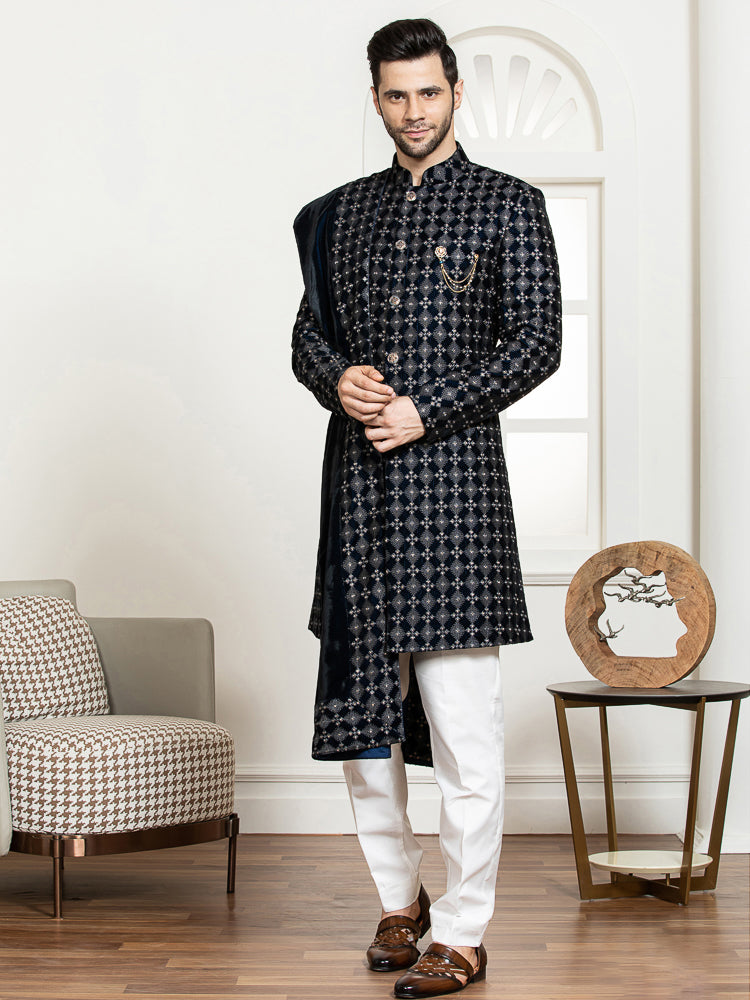 Grey Velvet Embroidered Sherwani Set with Dupatta