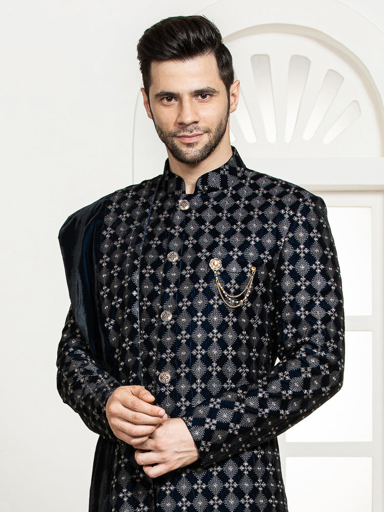 Grey Velvet Embroidered Sherwani Set with Dupatta