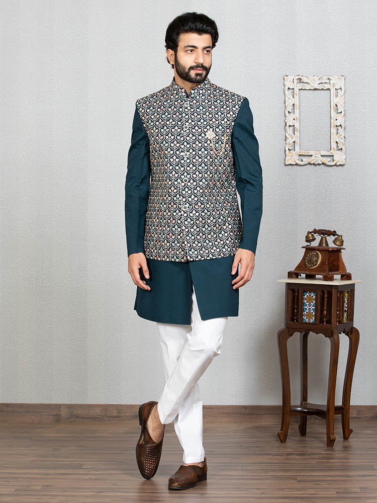 Teal Blue Indo Kurta Set with Embroidered Nehru Jacket