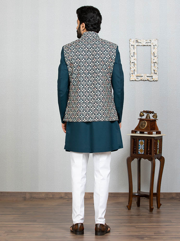 Teal Blue Indo Kurta Set with Embroidered Nehru Jacket