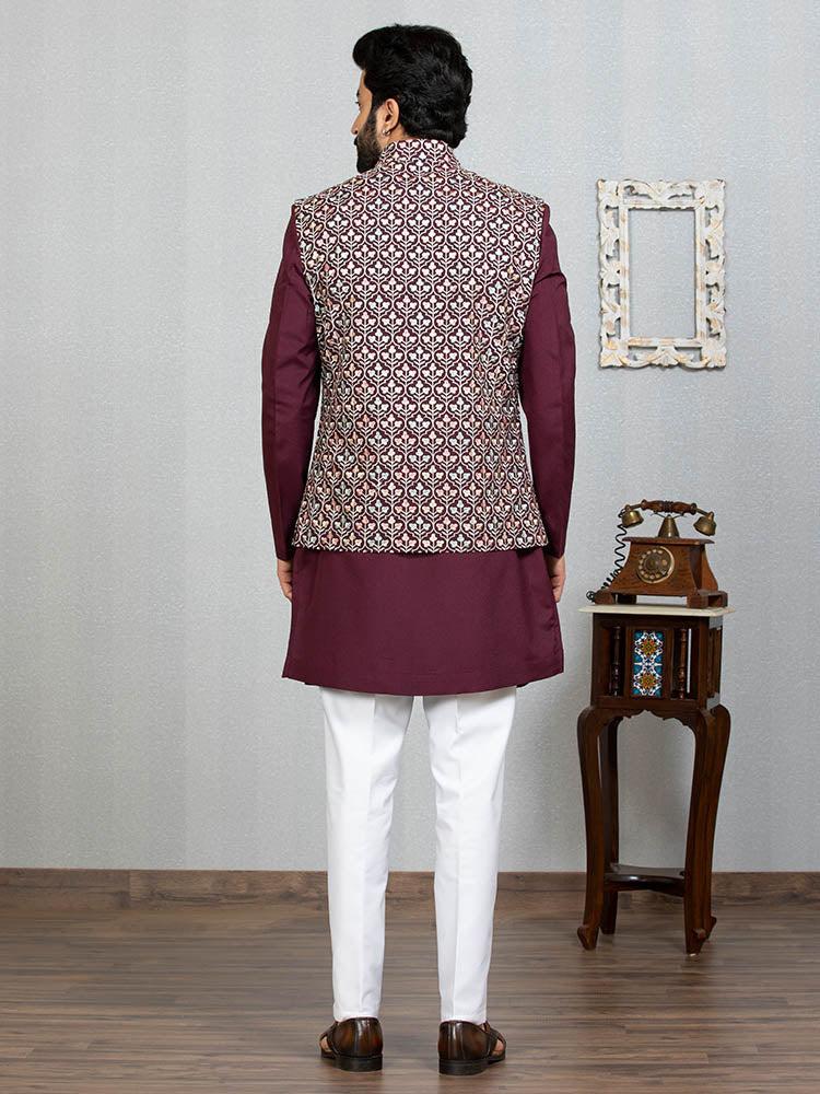 Thread Embroidered Maroon Nehru Jacket Set