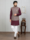 Wine Indo Kurta Set with Embroidered Nehru Jacket