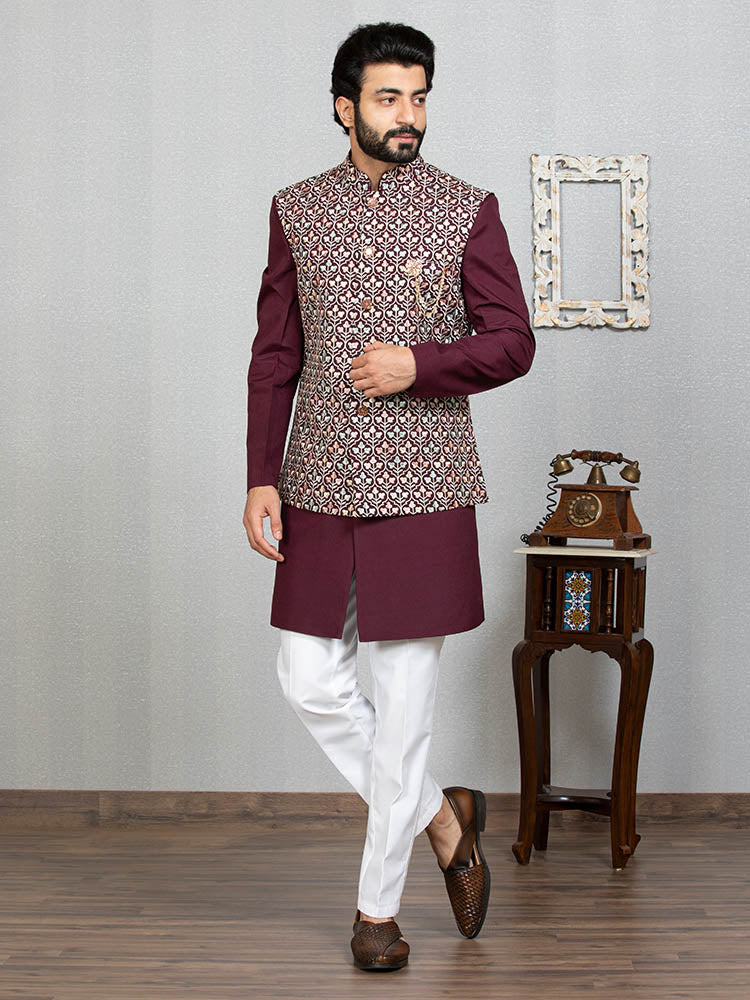 Wine Indo Kurta Set with Embroidered Nehru Jacket