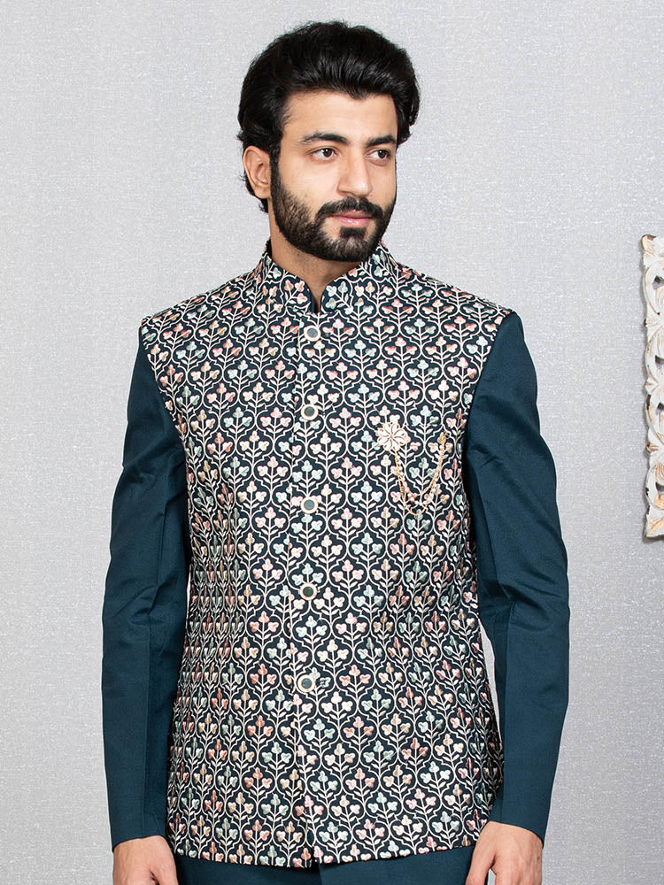 Teal Blue Indo Kurta Set with Embroidered Nehru Jacket