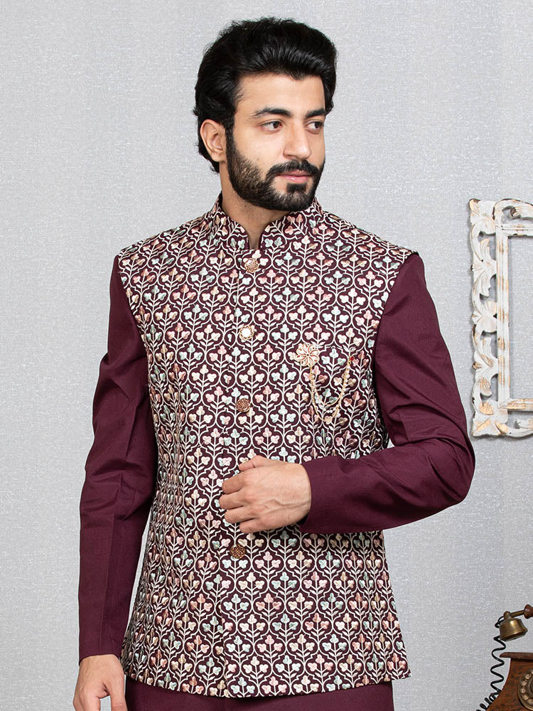 Wine Indo Kurta Set with Embroidered Nehru Jacket