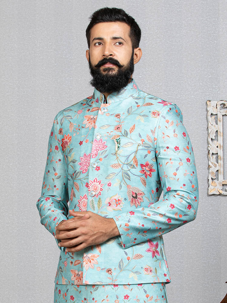 Men in Aqua Indo Kurta Set