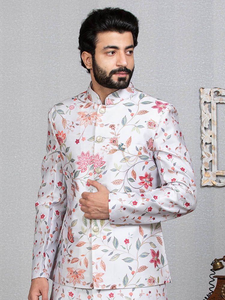 Grey Indo Kurta Set with Floral Print Nehru Jacket