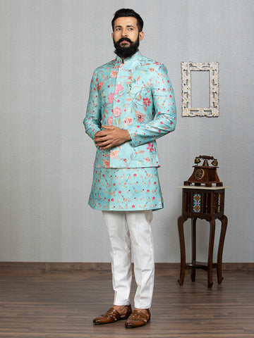 Men in Aqua Indo Kurta Set