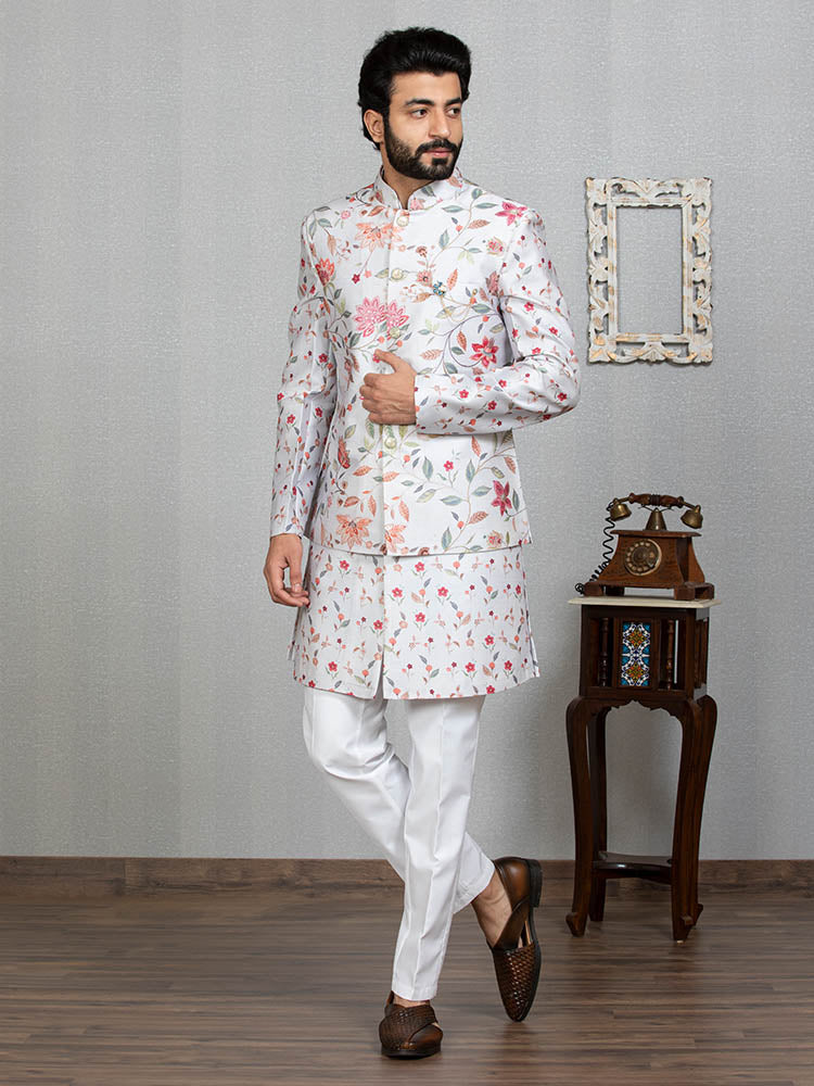 Grey Indo Kurta Set with Floral Print Nehru Jacket