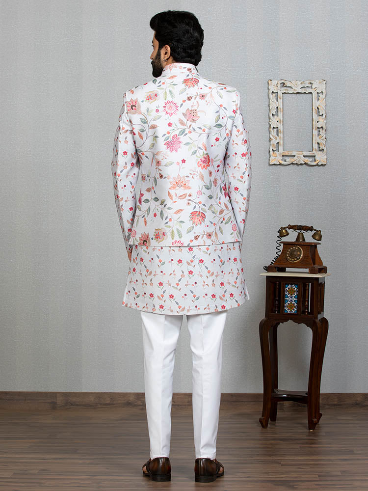 Grey Indo Kurta with Floral Print Nehru Jacket Men Laromani