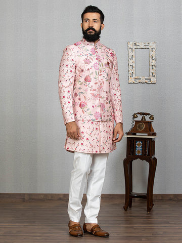 Pink Indo Kurta Set with Floral Print Nehru Jacket