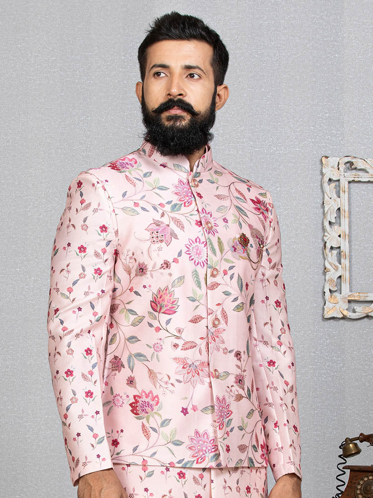 Pink Indo Kurta Set with Floral Print Nehru Jacket