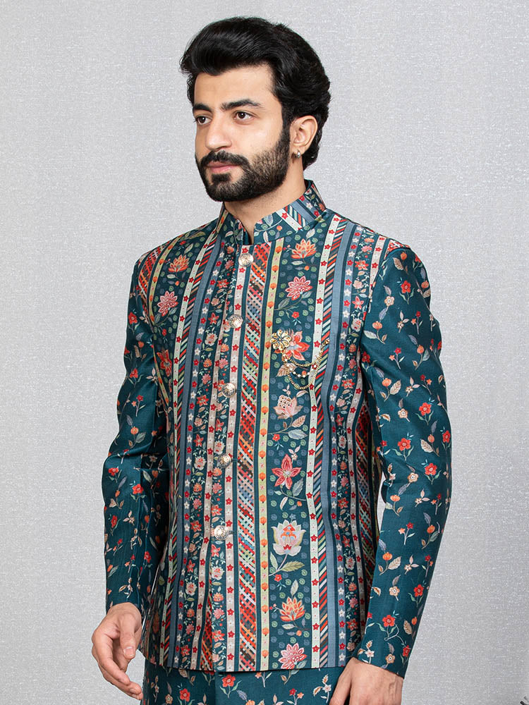 Green Indo Kurta Set with Floral Print Nehru Jacket