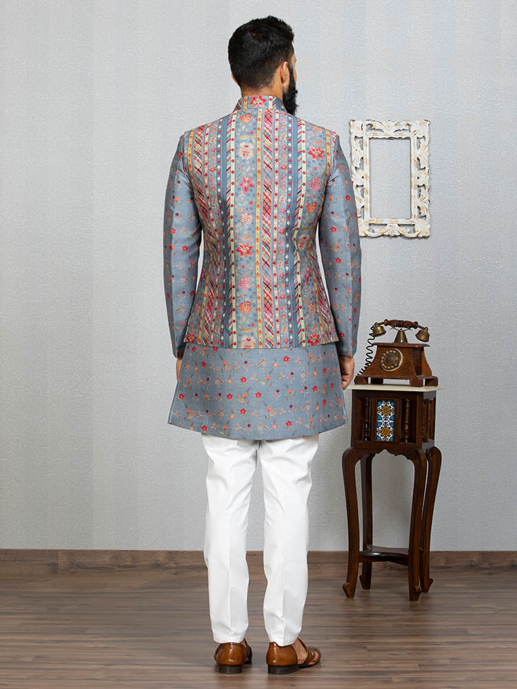 Grey Indo Kurta Set with Floral Print Nehru Jacket