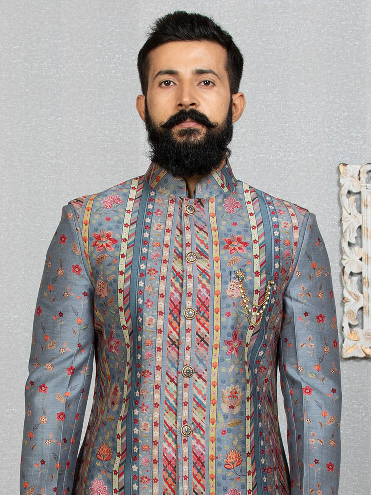 Grey Indo Kurta Set with Floral Print Nehru Jacket