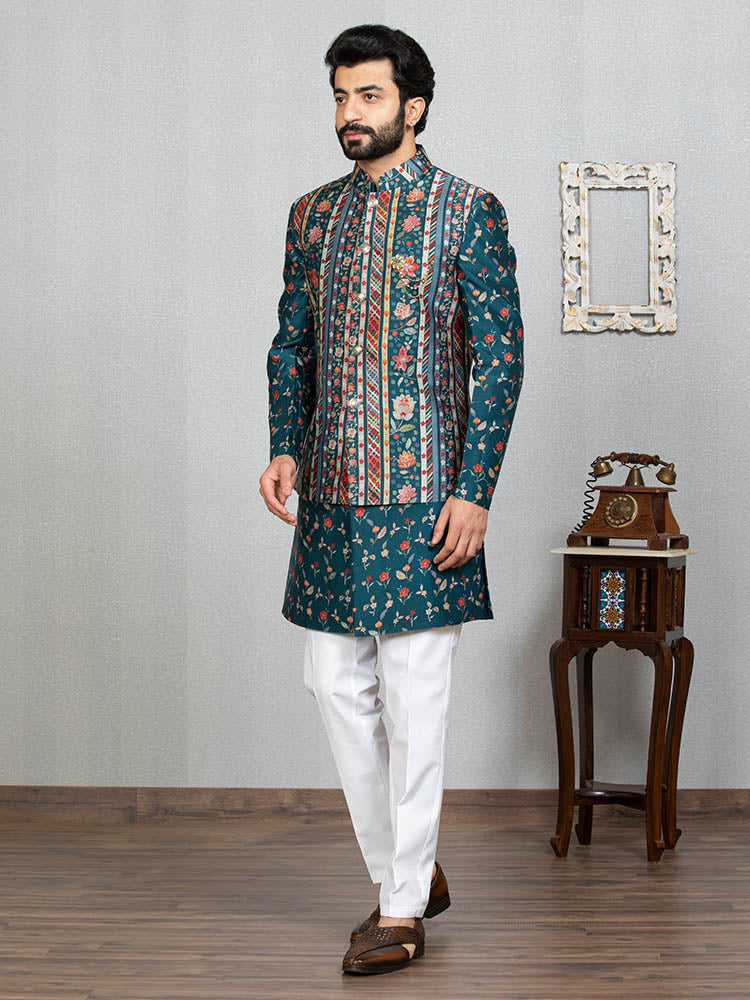 Green Indo Kurta Set with Floral Print Nehru Jacket