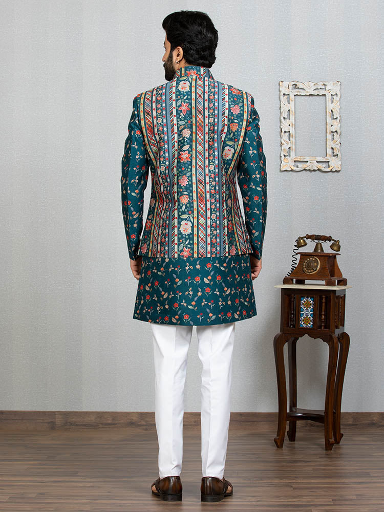 Green Indo Kurta Set with Floral Print Nehru Jacket