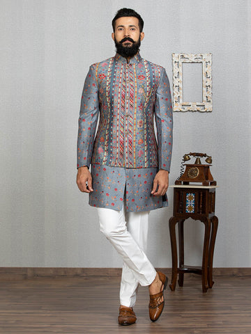 Grey Indo Kurta Set with Floral Print Nehru Jacket