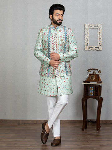 Pista Green Indo Kurta Set with Floral Print Nehru Jacket