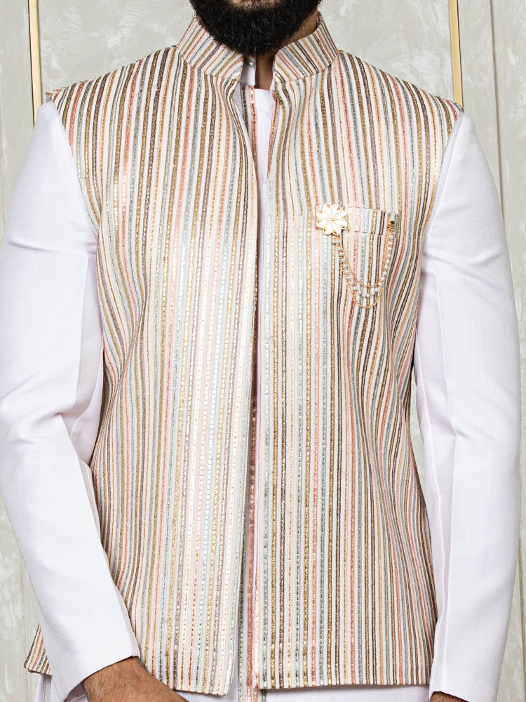 Onion Pink Indo Kurta Set with Zari Embroidered Nehru Jacket