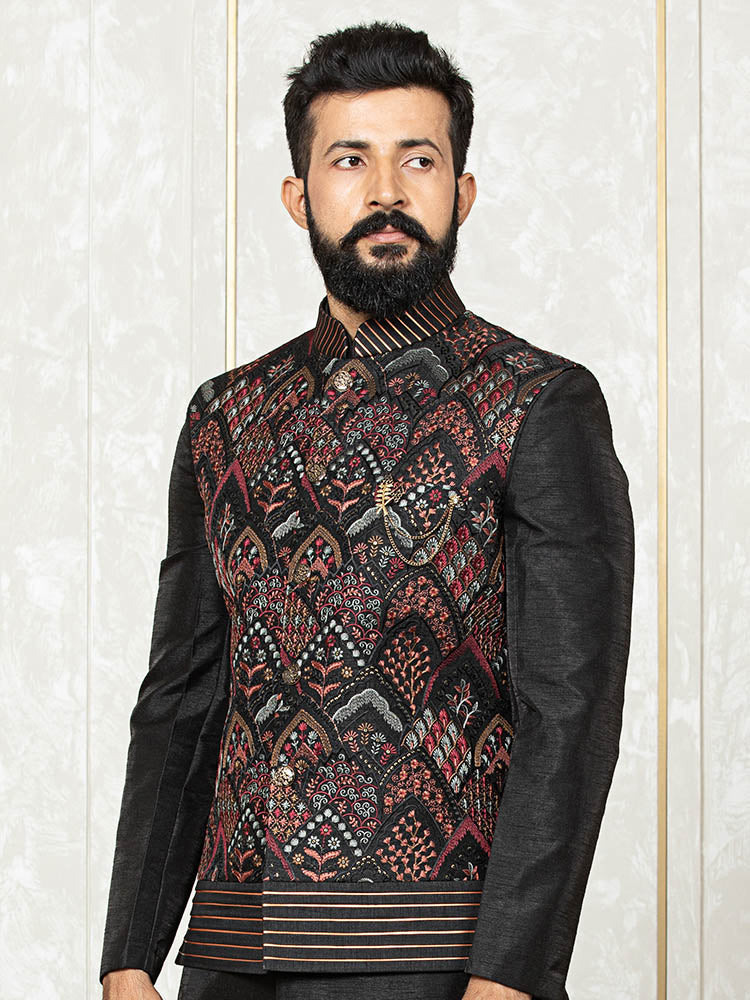 Black Indo Kurta Set with Embroidered Nehru Jacket