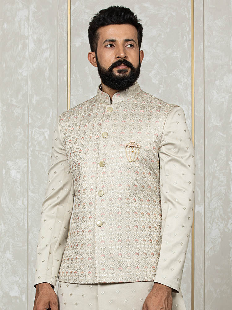 Pista Green Embroidered Indo Kurta Nehru Jacket Set