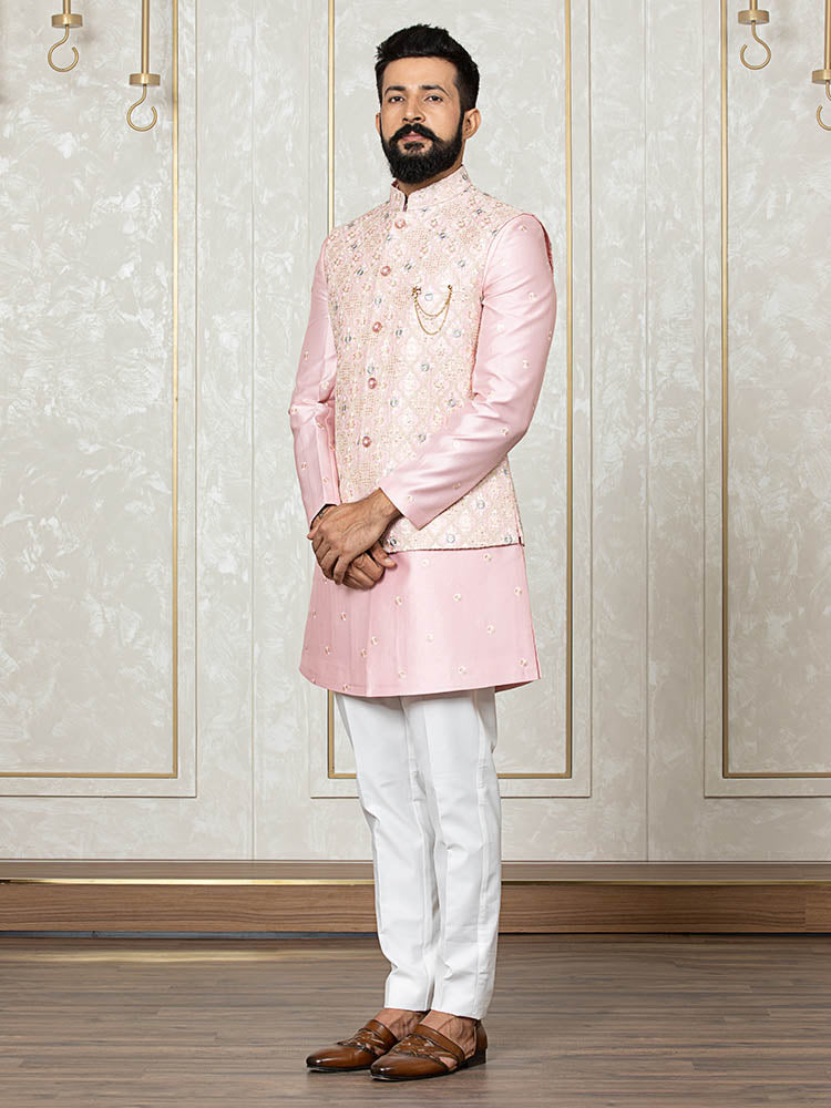 Pink Indo Kurta Set with Dori Embroidered Nehru Jacket