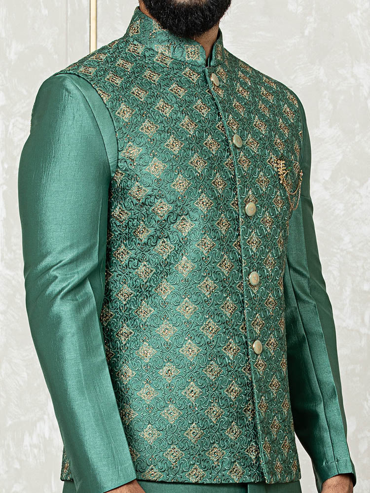 Green Indo Kurta Set with Embroidered Nehru Jacket