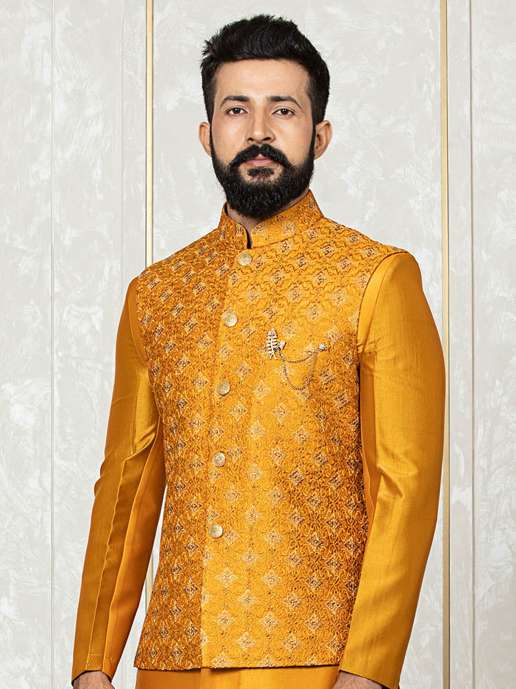 Haldi Yellow Indo Kurta Set with Zari Embroidered Nehru Jacket