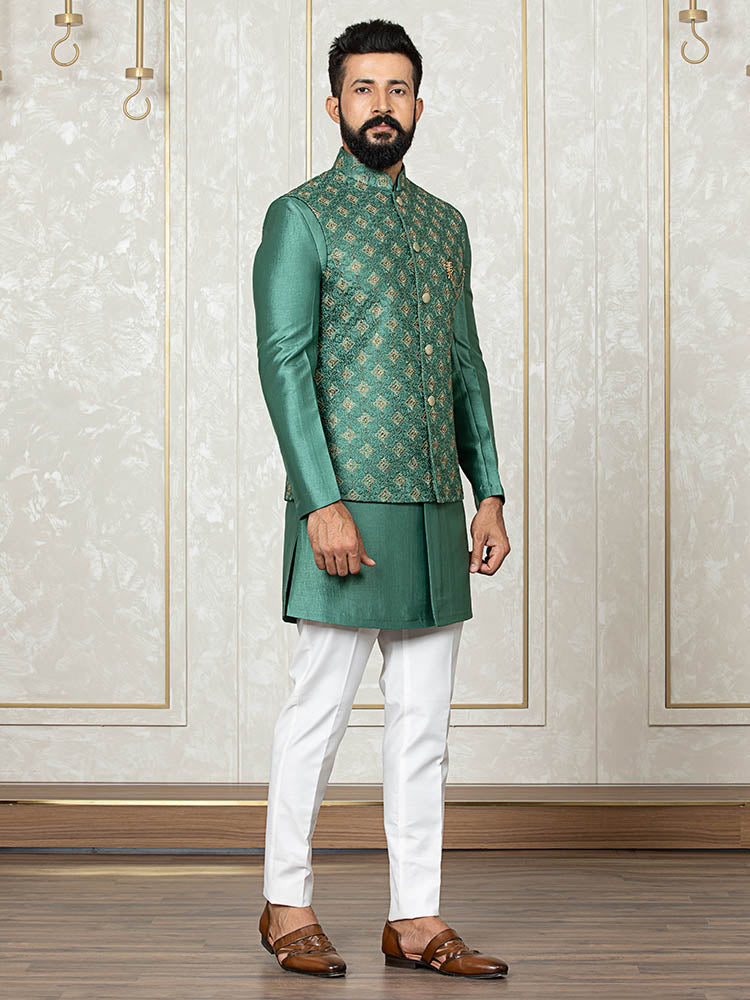 Green Indo Kurta Set with Embroidered Nehru Jacket